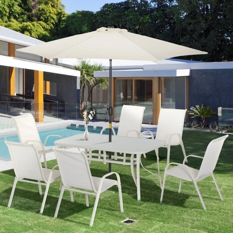 8pc Outdoor Dining Glass Table Set, 6 Mesh Chairs, 9' Tilting Umbrella Patio Deck, Cream White