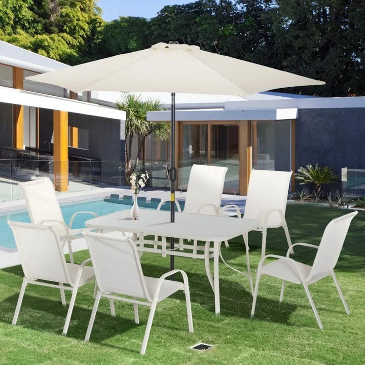 8pc Outdoor Dining Glass Table Set, 6 Mesh Chairs, 9' Tilting Umbrella Patio Deck, Cream White