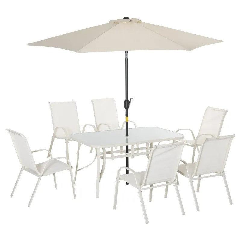 8pc Outdoor Dining Glass Table Set, 6 Mesh Chairs, 9' Tilting Umbrella Patio Deck, Cream White