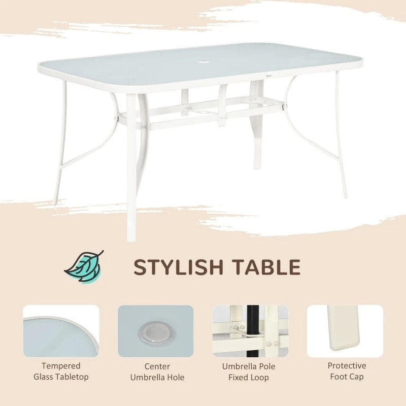 8pc Outdoor Dining Glass Table Set, 6 Mesh Chairs, 9' Tilting Umbrella Patio Deck, Cream White