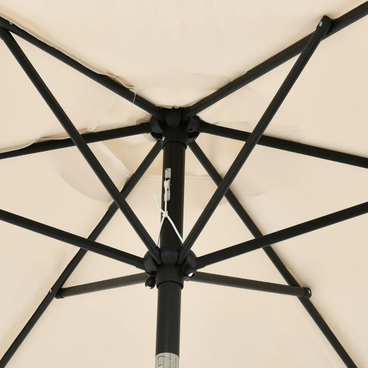 8pc Outdoor Dining Glass Table Set, 6 Mesh Chairs, 9' Tilting Umbrella Patio Deck, Cream White