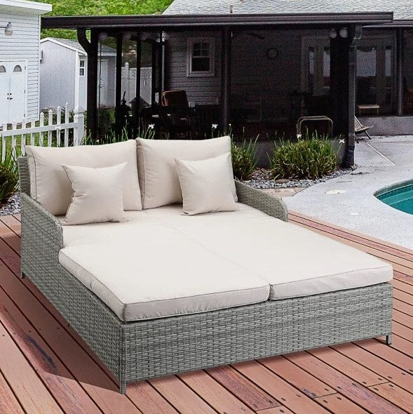 Double Rattan Wicker Sun Lounger Loveseat Chaise Day Bed w Cushions Outdoor Patio, Grey & Beige