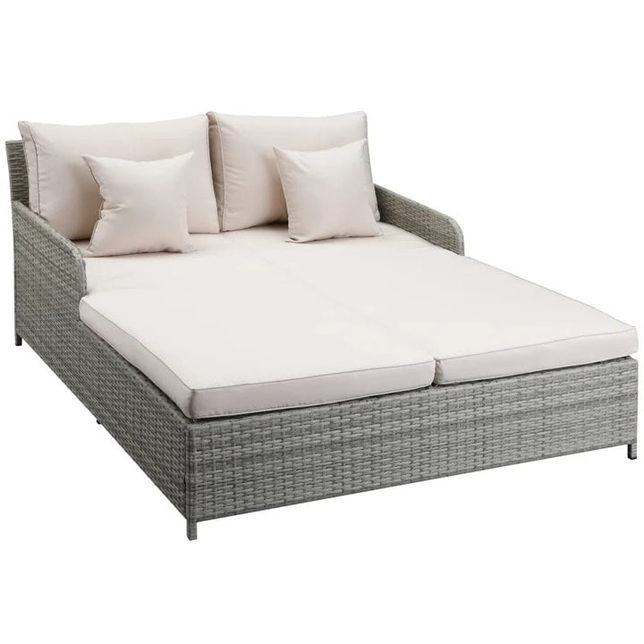 Double Rattan Wicker Sun Lounger Loveseat Chaise Day Bed w Cushions Outdoor Patio, Grey & Beige