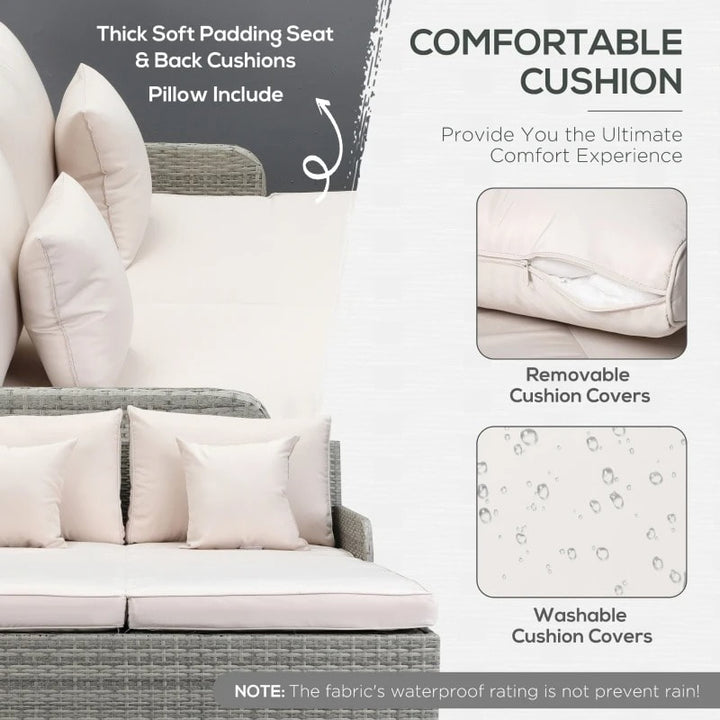 Double Rattan Wicker Sun Lounger Loveseat Chaise Day Bed w Cushions Outdoor Patio, Grey & Beige