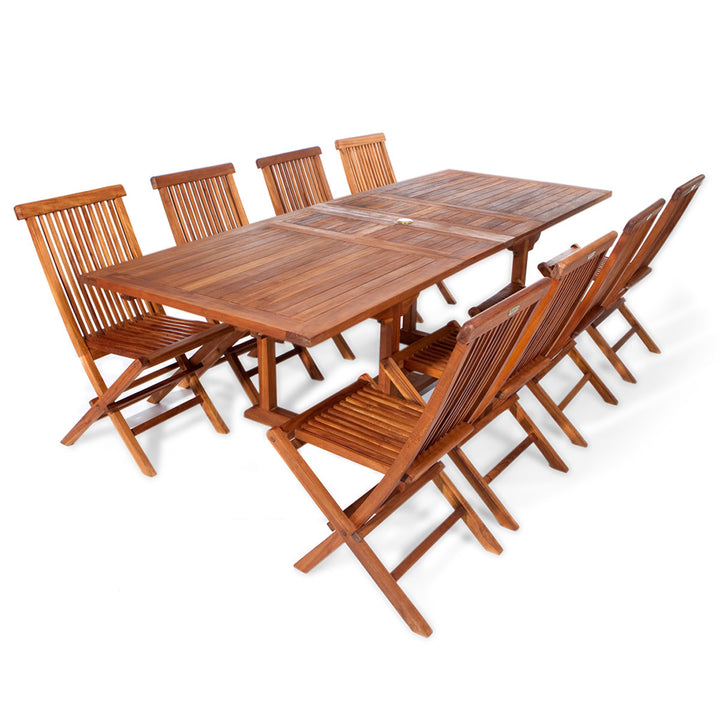 9pc 72-95" Butterfly Leaf Extension Table w 8 Chairs Set, Outdoor Patio Dining, Solid Teak Wood