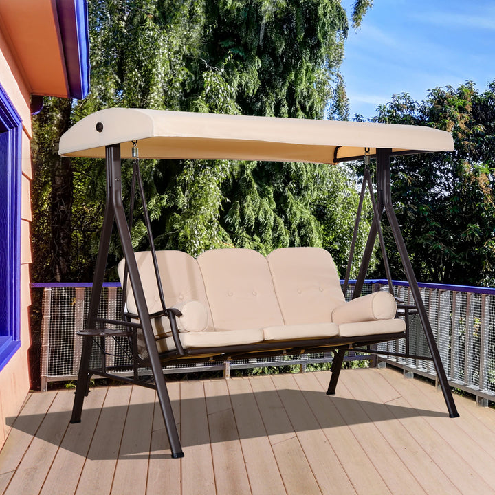 Heavy Duty Outdoor 3 Seater Porch Garden Swing Bench w Canopy & Cushions for Patio Deck, Beige
