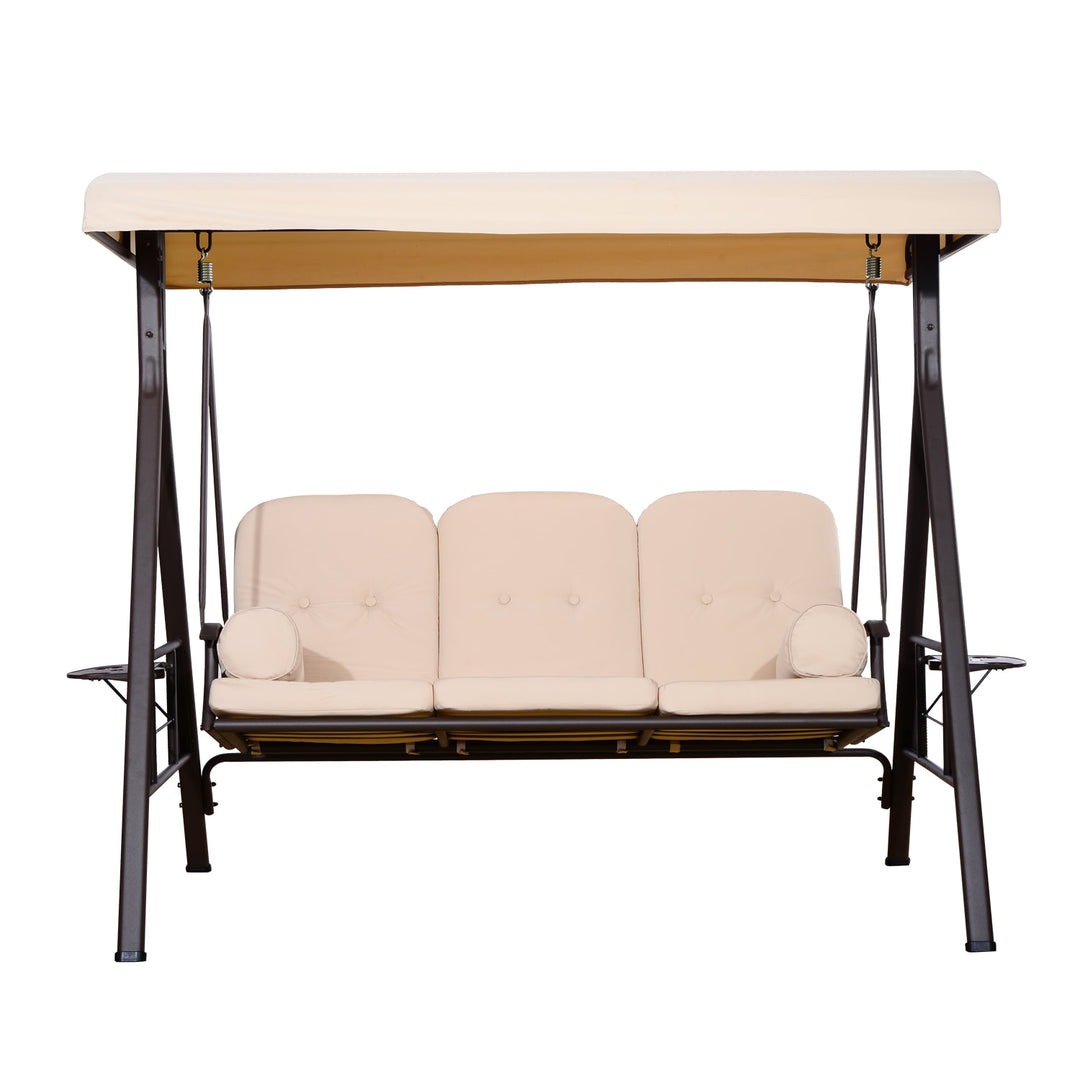 Heavy Duty Outdoor 3 Seater Porch Garden Swing Bench w Canopy & Cushions for Patio Deck, Beige