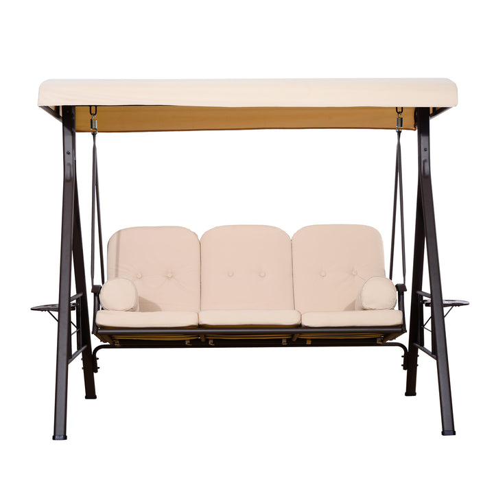Heavy Duty Outdoor 3 Seater Porch Garden Swing Bench w Canopy & Cushions for Patio Deck, Beige