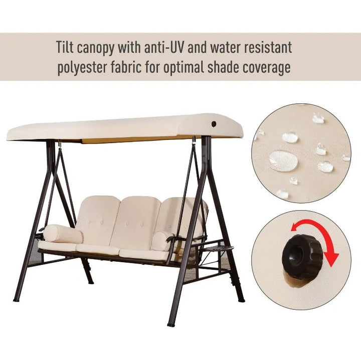Heavy Duty Outdoor 3 Seater Porch Garden Swing Bench w Canopy & Cushions for Patio Deck, Beige