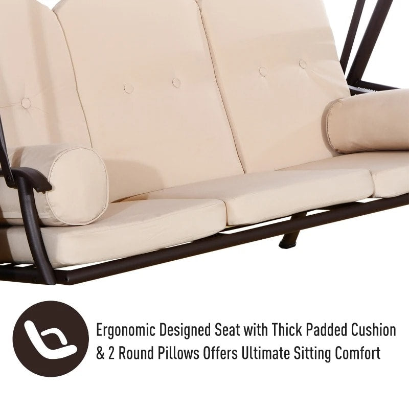 Heavy Duty Outdoor 3 Seater Porch Garden Swing Bench w Canopy & Cushions for Patio Deck, Beige