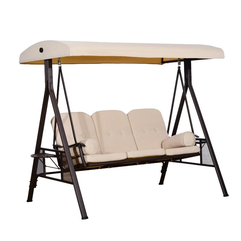 Heavy Duty Outdoor 3 Seater Porch Garden Swing Bench w Canopy & Cushions for Patio Deck, Beige