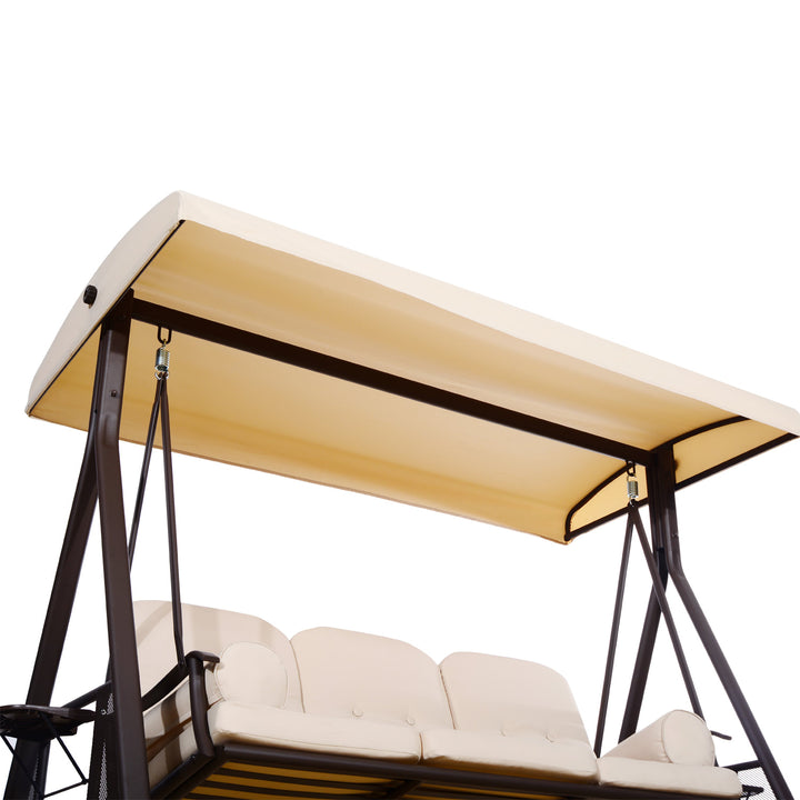 Heavy Duty Outdoor 3 Seater Porch Garden Swing Bench w Canopy & Cushions for Patio Deck, Beige