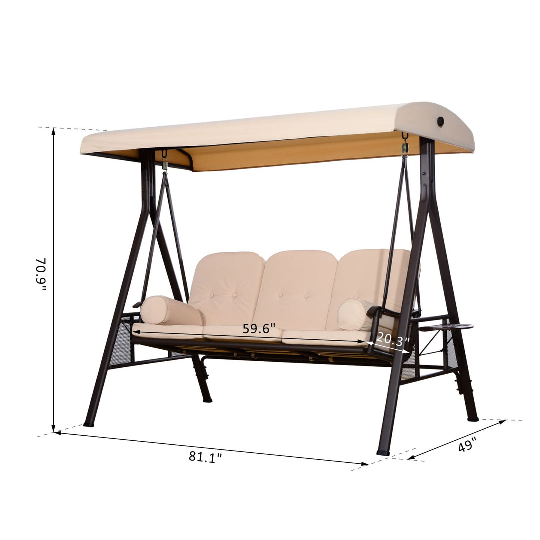 Heavy Duty Outdoor 3 Seater Porch Garden Swing Bench w Canopy & Cushions for Patio Deck, Beige