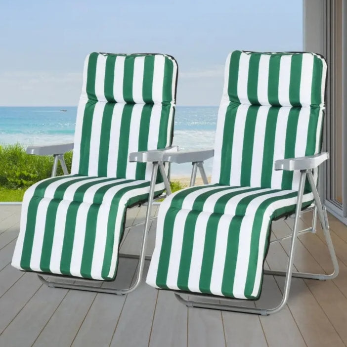 2pc Foldable Lounger Recliner Chair Set w Cushions for Patio Pool Deck Garden, Green & White