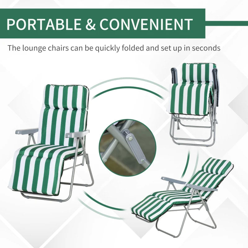 2pc Foldable Lounger Recliner Chair Set w Cushions for Patio Pool Deck Garden, Green & White