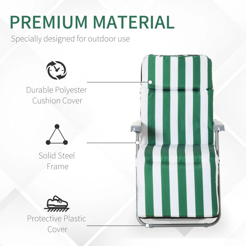2pc Foldable Lounger Recliner Chair Set w Cushions for Patio Pool Deck Garden, Green & White