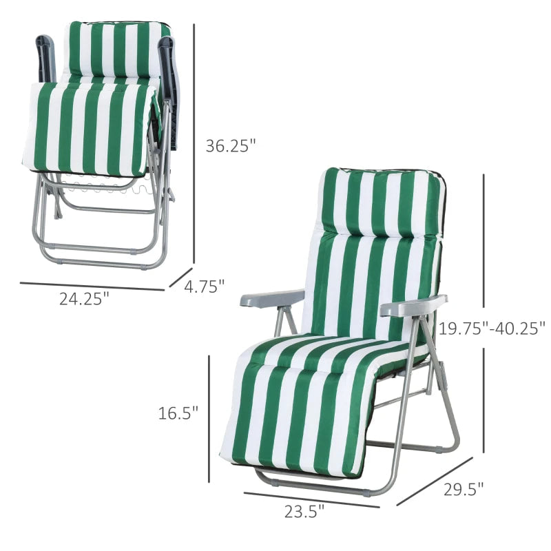 2pc Foldable Lounger Recliner Chair Set w Cushions for Patio Pool Deck Garden, Green & White