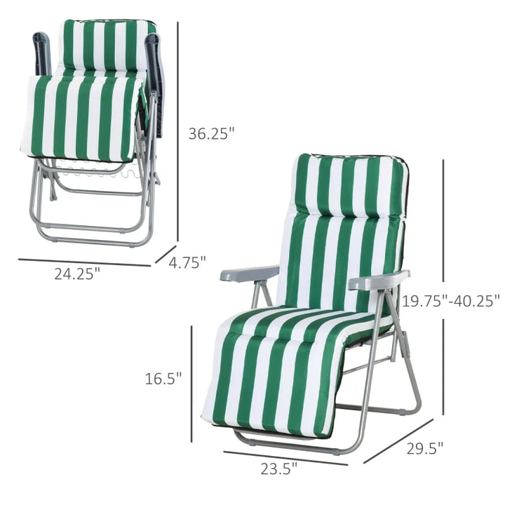 2pc Foldable Lounger Recliner Chair Set w Cushions for Patio Pool Deck Garden, Green & White