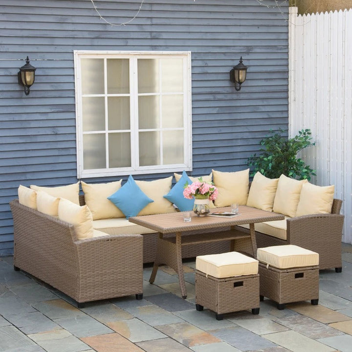 6pc U Shape PE Rattan Wicker Dining Conversation Set w Cushions, Outdoor Patio, Lt Brown, Beige