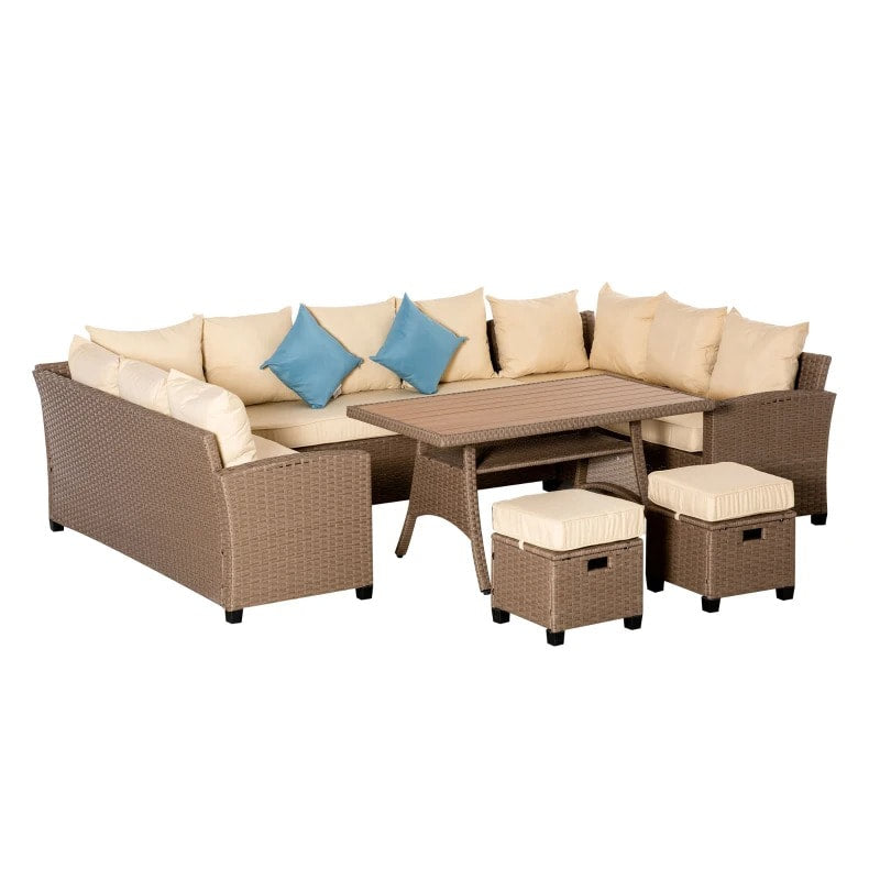 6pc U Shape PE Rattan Wicker Dining Conversation Set w Cushions, Outdoor Patio, Lt Brown, Beige