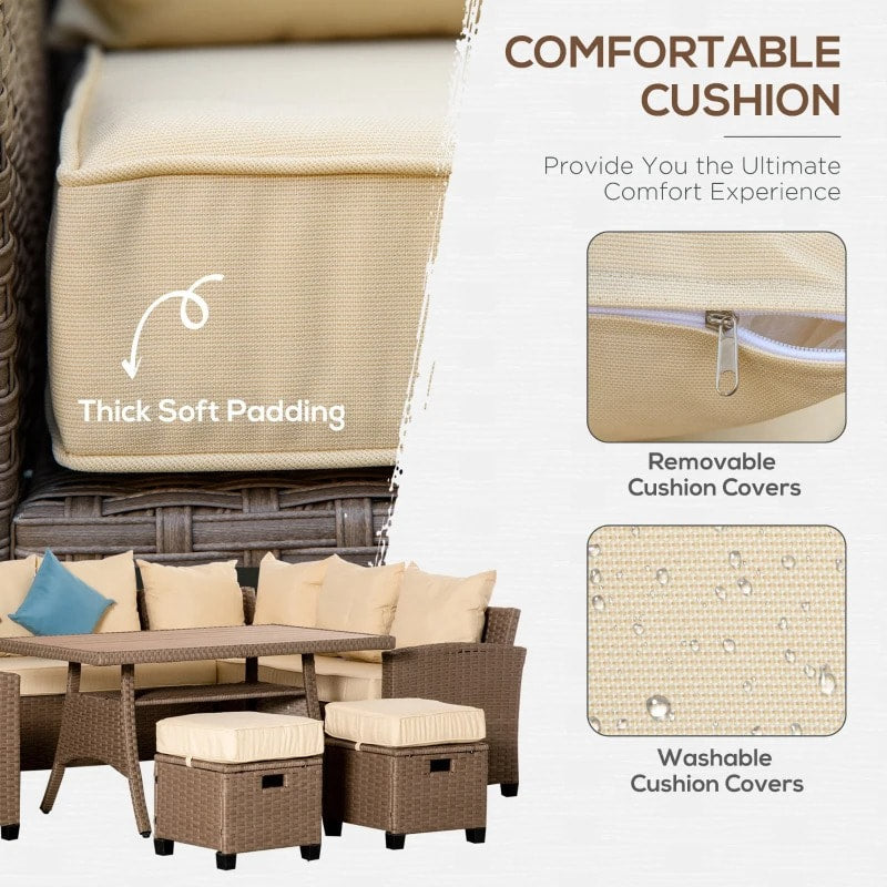 6pc U Shape PE Rattan Wicker Dining Conversation Set w Cushions, Outdoor Patio, Lt Brown, Beige