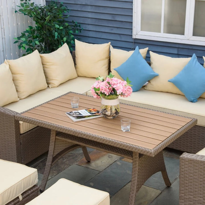 6pc U Shape PE Rattan Wicker Dining Conversation Set w Cushions, Outdoor Patio, Lt Brown, Beige