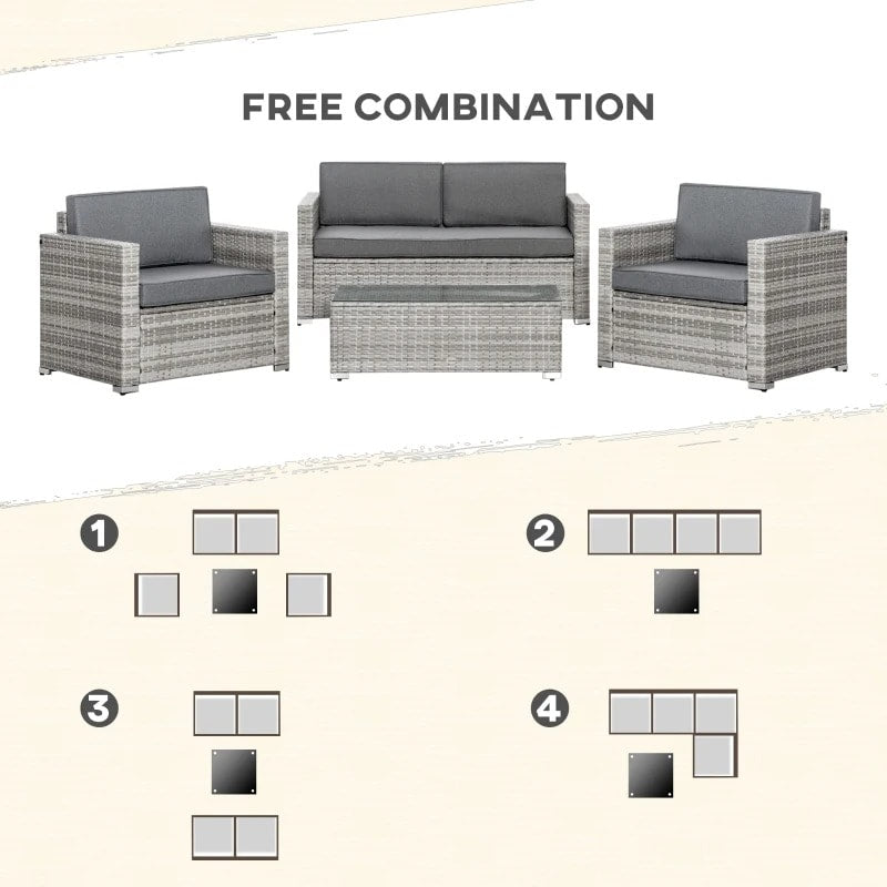 4pc Premium PE Rattan Wicker Galv Steel Conversation Set w Cushions, Outdoor Patio, Mixed Grey