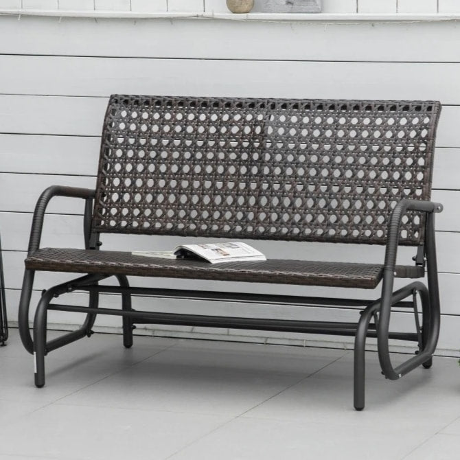 2 Seater PE Rattan Wicker Glider Porch Swing Rocking Bench Loveseat, Patio Deck Garden, Brown