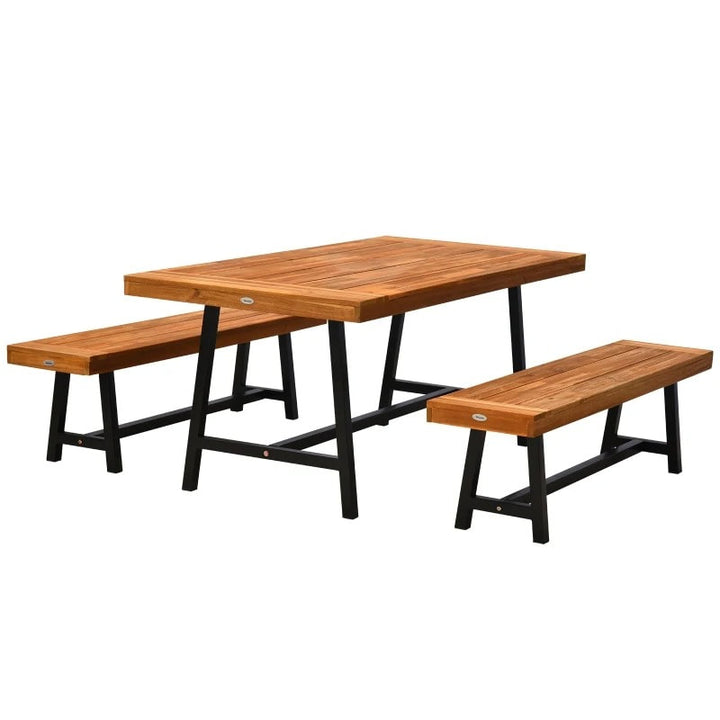 71" x 35" Rustic Outdoor Dining Picnic Table & Bench Patio Set, Acacia Wood w Galv Steel Frame