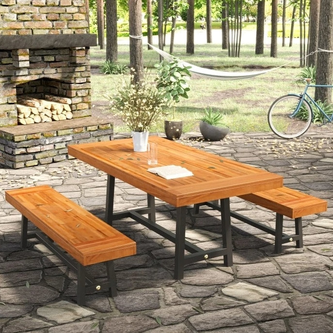 71" x 35" Rustic Outdoor Dining Picnic Table & Bench Patio Set, Acacia Wood w Galv Steel Frame