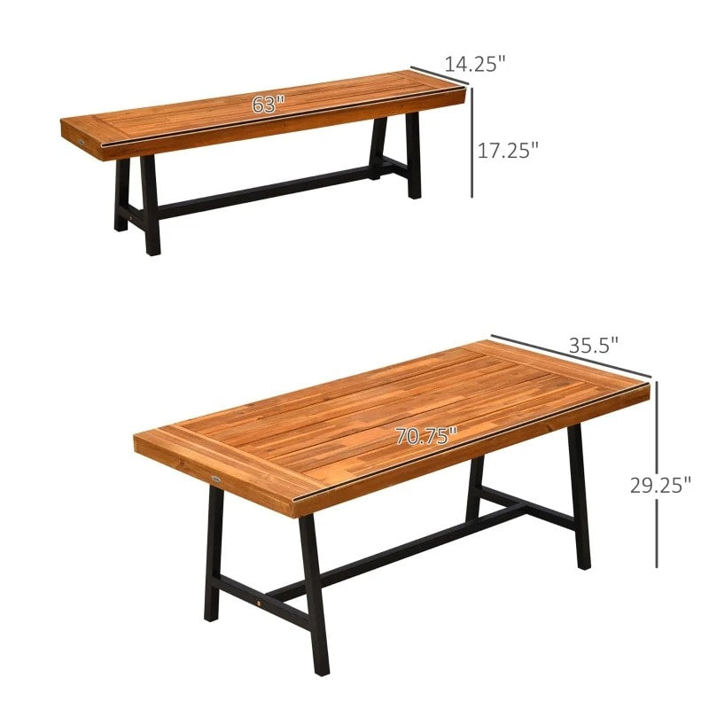 71" x 35" Rustic Outdoor Dining Picnic Table & Bench Patio Set, Acacia Wood w Galv Steel Frame