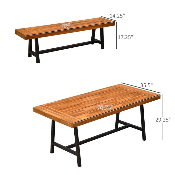 71" x 35" Rustic Outdoor Dining Picnic Table & Bench Patio Set, Acacia Wood w Galv Steel Frame