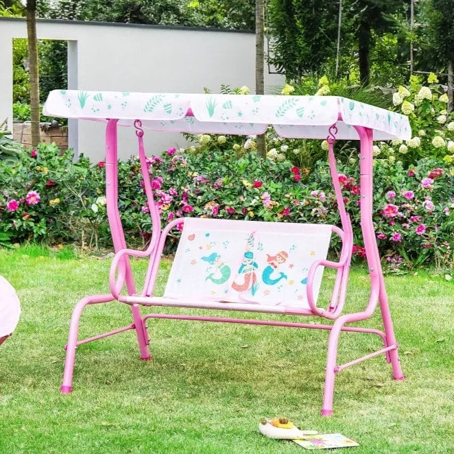 Outdoor 2-Seater Kid Swing Lounger w/ Adjustable Canopy for Patio Backyard Garden, Pink Mermaid
