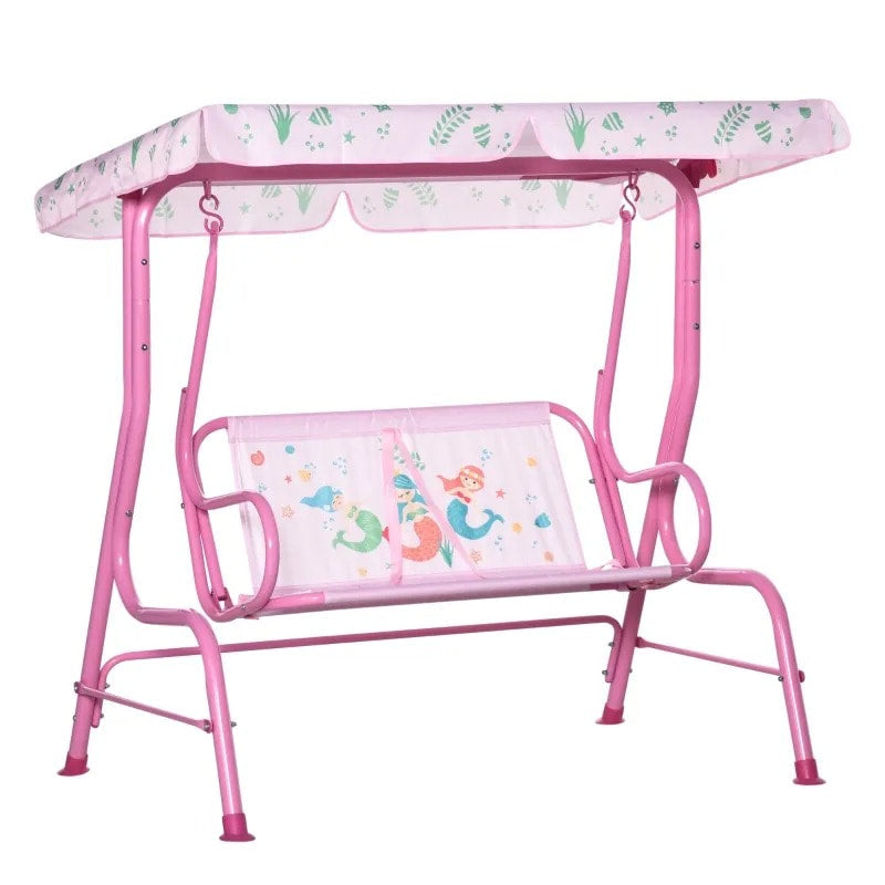 Outdoor 2-Seater Kid Swing Lounger w/ Adjustable Canopy for Patio Backyard Garden, Pink Mermaid