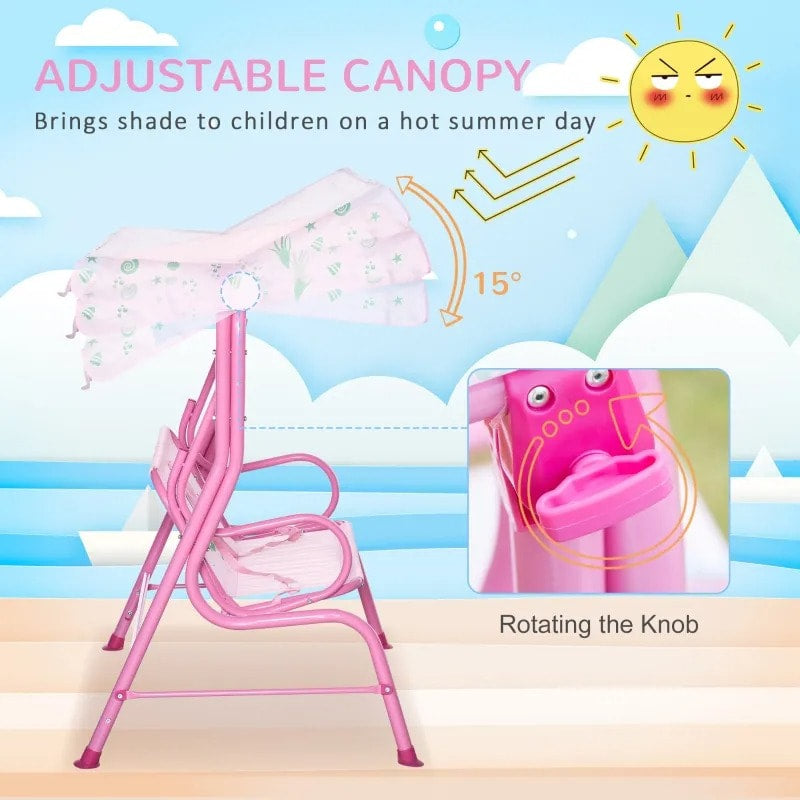 Outdoor 2-Seater Kid Swing Lounger w/ Adjustable Canopy for Patio Backyard Garden, Pink Mermaid