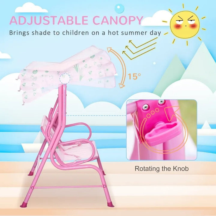 Outdoor 2-Seater Kid Swing Lounger w/ Adjustable Canopy for Patio Backyard Garden, Pink Mermaid