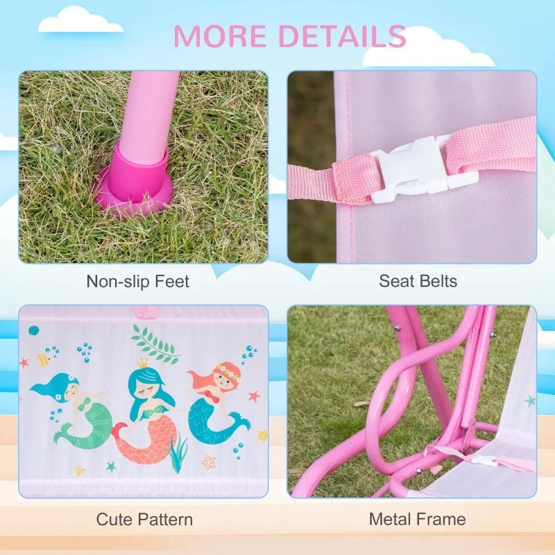 Outdoor 2-Seater Kid Swing Lounger w/ Adjustable Canopy for Patio Backyard Garden, Pink Mermaid