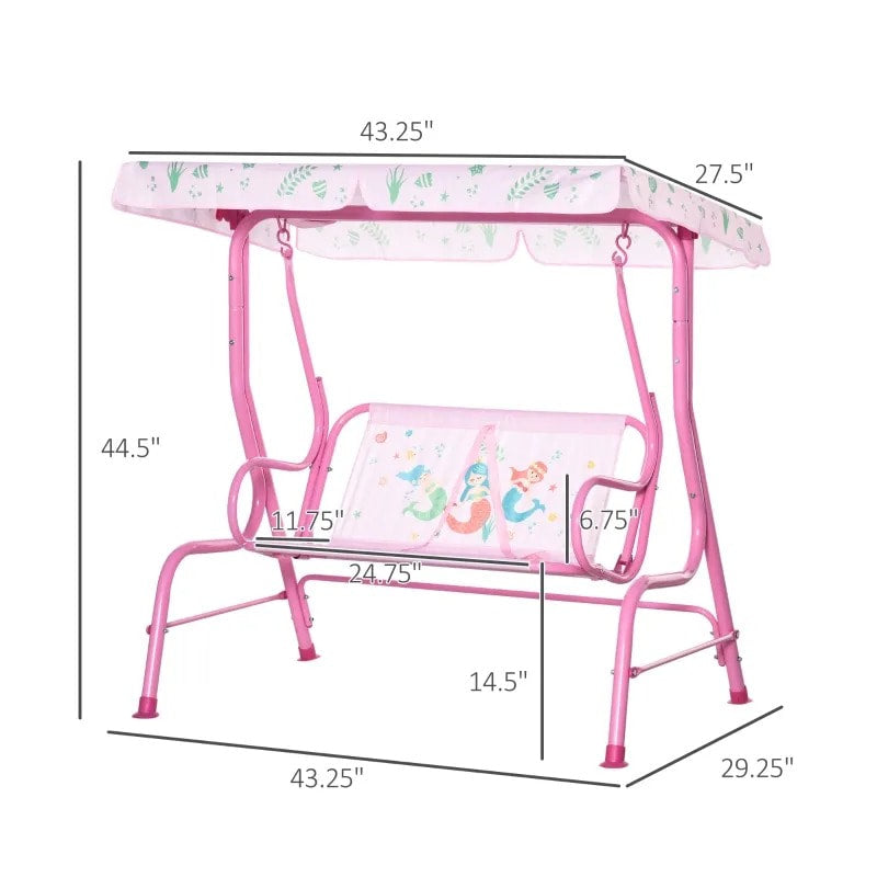 Outdoor 2-Seater Kid Swing Lounger w/ Adjustable Canopy for Patio Backyard Garden, Pink Mermaid