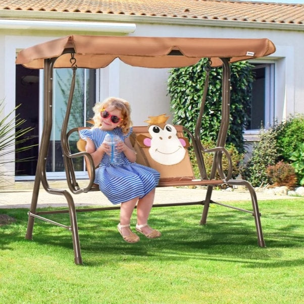 Outdoor 2-Seater Kid Swing Lounger w/ Adjustable Canopy for Patio Backyard Garden, Brown Monkey