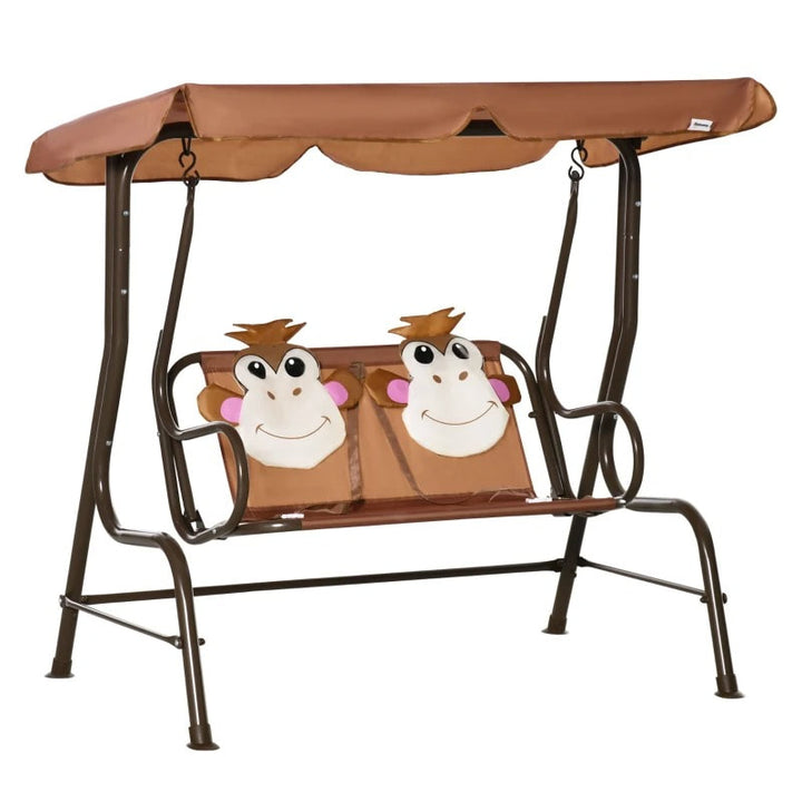 Outdoor 2-Seater Kid Swing Lounger w/ Adjustable Canopy for Patio Backyard Garden, Brown Monkey