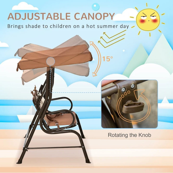 Outdoor 2-Seater Kid Swing Lounger w/ Adjustable Canopy for Patio Backyard Garden, Brown Monkey