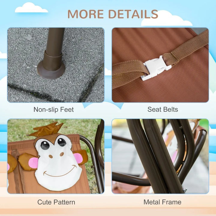 Outdoor 2-Seater Kid Swing Lounger w/ Adjustable Canopy for Patio Backyard Garden, Brown Monkey