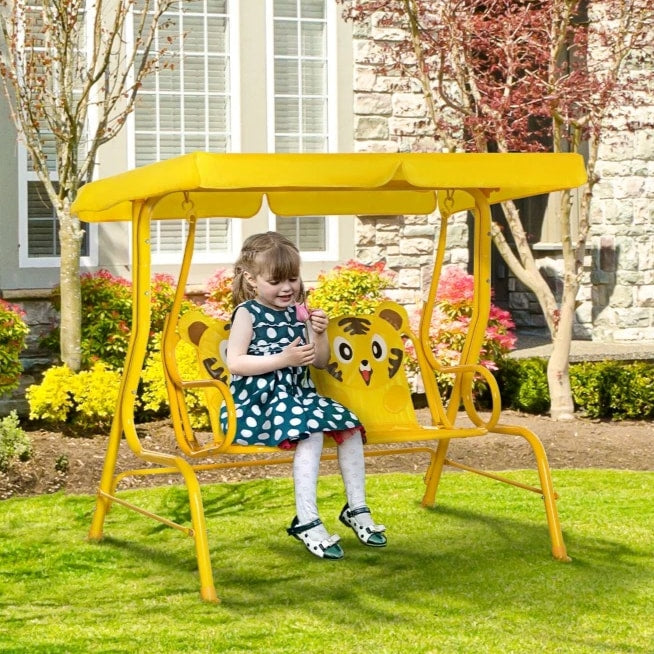 Outdoor 2-Seater Kid Swing Lounger w/ Adjustable Canopy for Patio Backyard Garden, Yellow Tiger