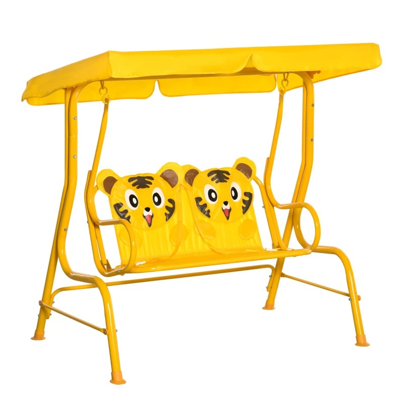 Outdoor 2-Seater Kid Swing Lounger w/ Adjustable Canopy for Patio Backyard Garden, Yellow Tiger