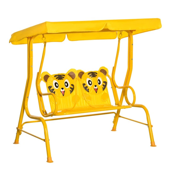 Outdoor 2-Seater Kid Swing Lounger w/ Adjustable Canopy for Patio Backyard Garden, Yellow Tiger