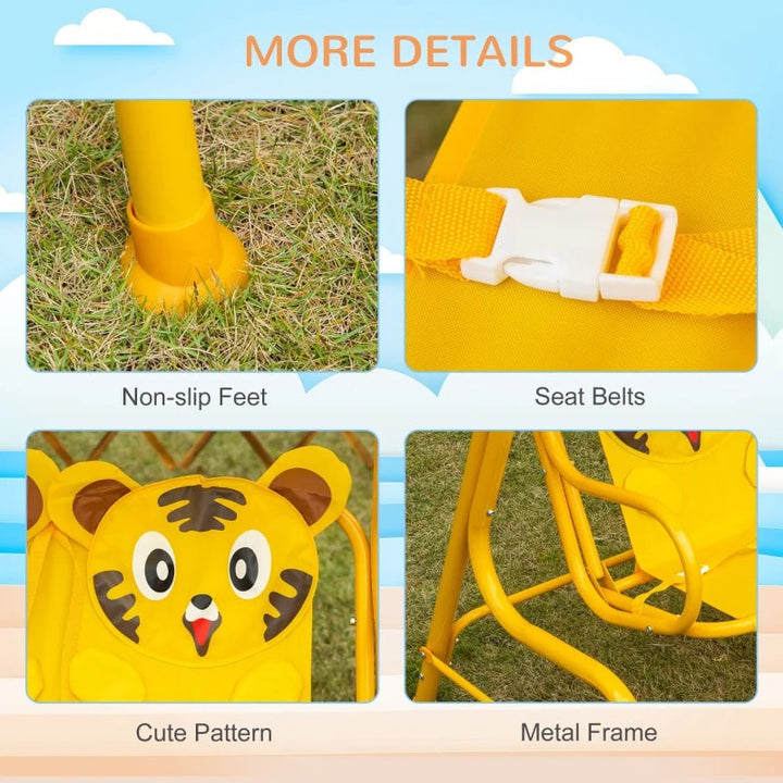 Outdoor 2-Seater Kid Swing Lounger w/ Adjustable Canopy for Patio Backyard Garden, Yellow Tiger