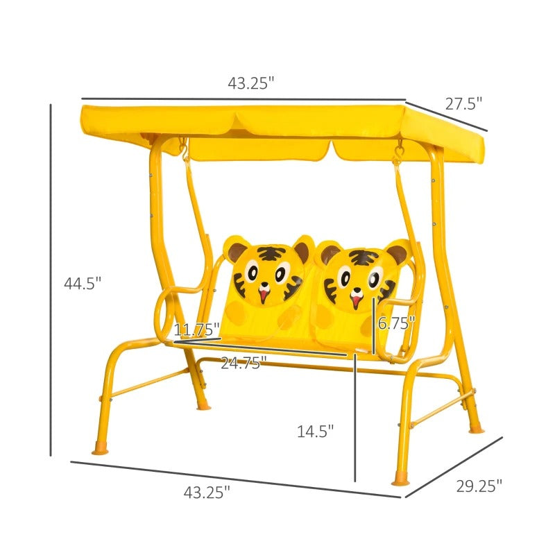 Outdoor 2-Seater Kid Swing Lounger w/ Adjustable Canopy for Patio Backyard Garden, Yellow Tiger