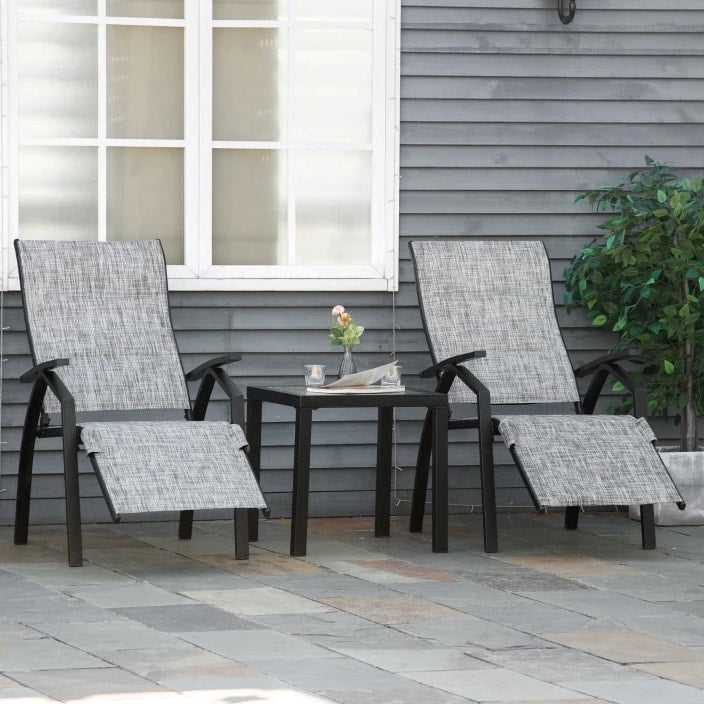 3pc Bistro Reclining Chairs Lounger Set w Footrests, Side Table for Outdoor Patio Deck, Grey
