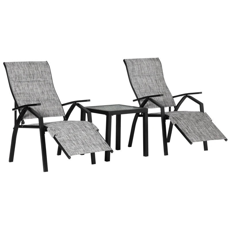3pc Bistro Reclining Chairs Lounger Set w Footrests, Side Table for Outdoor Patio Deck, Grey