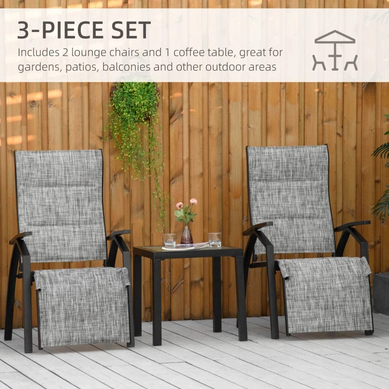 3pc Bistro Reclining Chairs Lounger Set w Footrests, Side Table for Outdoor Patio Deck, Grey